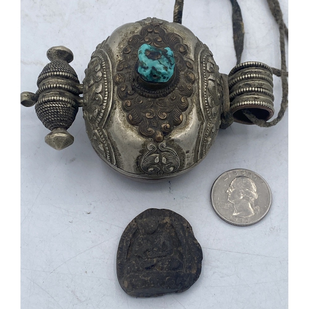 Antique Vintage Tibetan Himalayan Gau Buddhist Amulet Tsa-Tsa Votive Terquoise